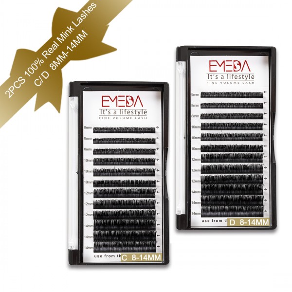 2 Packs C+D Curl  8mm 10mm 12mm 14mm Mixed Tray 100% Real Mink Individual Eyelash Extensions 